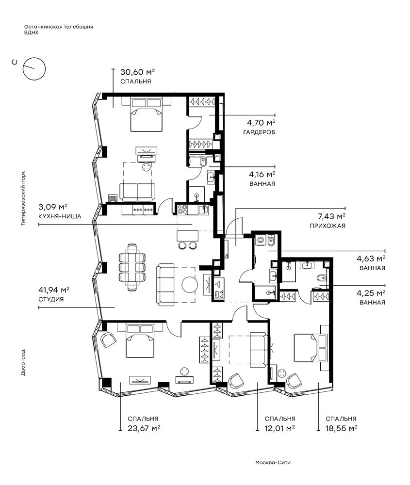 Купить 4-комнатную квартиру 156.04 м² на 49 этаже № B-452 в ЖК SYMPHONY 34  (Симфони 34) по адресу: г Москва, ул Хуторская 2-я, влд 34 | МирЖК